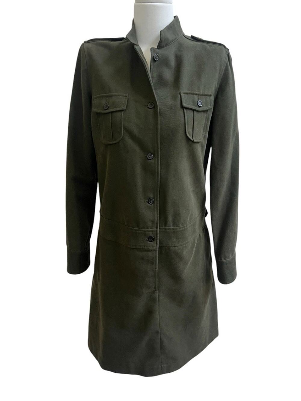 A.P.C. Paris Army Green Structure Military Dress Sz 38 M Buttons Wool Cotton
